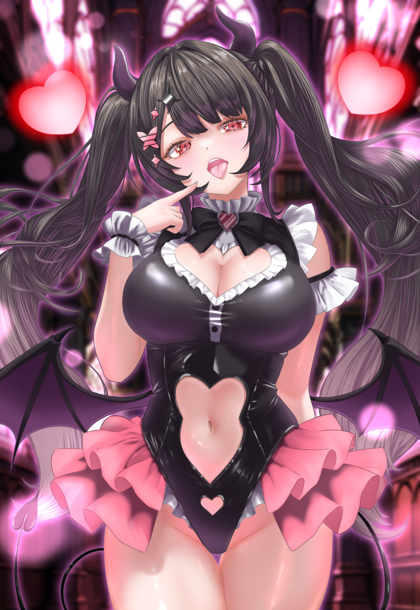 1girl absurdres bare_shoulders black_hair black_leotard blurry blurry_background bokeh bow bowtie breasts cleavage cleavage_cutout clothing_cutout commission cowboy_shot cross-shaped_pupils demon_girl demon_horns demon_tail demon_wings depth_of_field frilled_leotard frills hair_ornament hairclip hand_up heart heart_cutout highleg highleg_leotard highres horns large_breasts leotard long_hair looking_at_viewer low_wings navel open_mouth original red_eyes scrunchie skeb_commission solo stomach stomach_cutout symbol-shaped_pupils tail thigh_gap thighs tongue tongue_out twintails very_long_hair wakaunderblade7 wings wrist_scrunchie