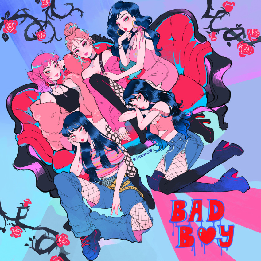 5girls artist_name blunt_bangs boots choker closed_mouth commentary dress dutch_angle earrings english_commentary eyeshadow fishnet_pantyhose fishnets highres hoop_earrings irene_(red_velvet) jewelry joy_(red_velvet) k-pop long_hair looking_at_viewer makeup multiple_girls pantyhose pink_dress real_life red_velvet_(group) seulgi_(red_velvet) shirt side_ponytail sitting song_name straight_hair t-shirt thigh_boots vicki_tsai wavy_hair wendy_(red_velvet) yeri_(red_velvet)