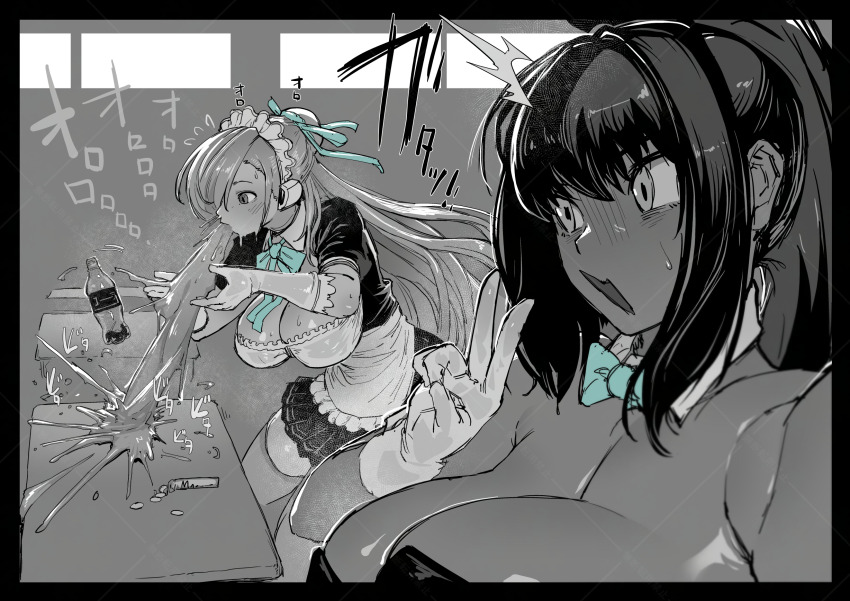2girls ^^^ aqua_bow aqua_bowtie aqua_ribbon asuna_(blue_archive) bare_shoulders blue_archive bow bowtie breasts cleavage commentary_request diet_coke_and_mentos_(meme) gloves greyscale highres karin_(blue_archive) karin_(bunny)_(blue_archive) large_breasts looking_at_another maid meme monochrome multiple_girls no_halo official_alternate_costume ribbon sashizume_soutarou selfie v