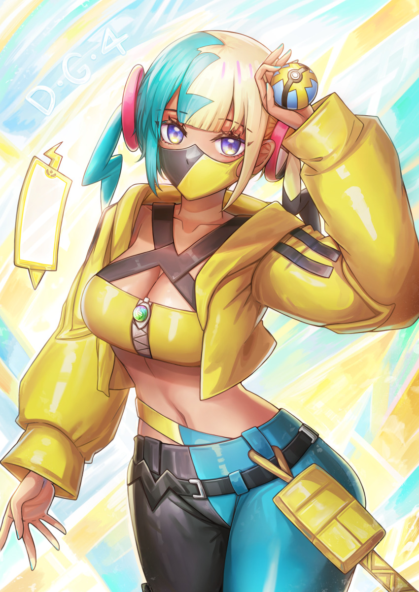 1girl absurdres black_pants blonde_hair blue_hair blue_pants breasts canari_(pokemon) cleavage cowboy_shot dark-skinned_female dark_skin highres holding holding_poke_ball hood hooded_jacket jacket large_breasts mask mega_stone mouth_mask multicolored_hair navel nintendo open_clothes open_jacket pants poke_ball pokemon pokemon_legends:_z-a rotom rotom_phone two-tone_hair yellow_jacket ziteng_yue