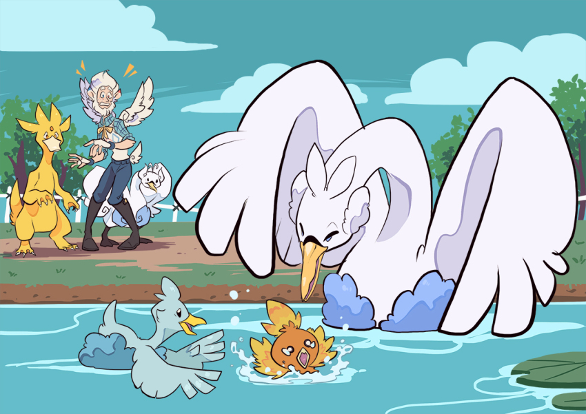 1boy alternate_color alternate_shiny_pokemon animal_focus bird blue_sky cloud commentary crying day duck ducklett english_commentary feathered_wings full_body game_freak gen_1_pokemon gen_3_pokemon gen_5_pokemon golduck heterochromia lily_pad nintendo open_mouth original outdoors pokemon pokemon_(creature) short_hair sky splashing struggling swan swanna swimming tamarinfrog tears torchic tree water white_hair white_wings wings