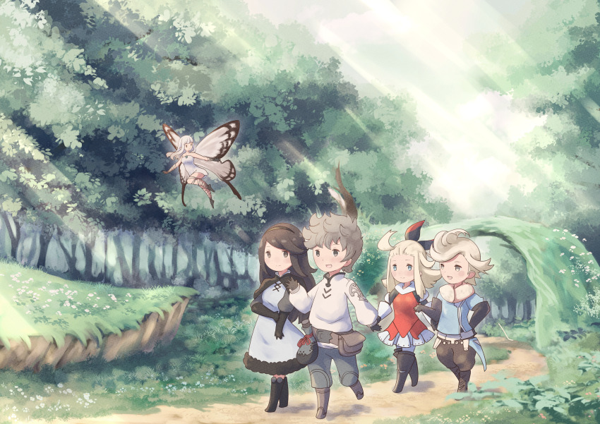 2boys 3girls absurdres agnes_oblige ahoge airy_(bravely_default) armor armored_dress black_gloves black_hair blonde_hair blue_eyes boots bow bravely_default:_flying_fairy bravely_default_(series) brown_eyes brown_hair butterfly_wings day dress edea_lee elbow_gloves fairy fairy_wings forest gloves hair_bow hairband highres insect_wings long_hair long_sleeves looking_at_another marian_oekaki mini_person minigirl multiple_boys multiple_girls nature open_mouth outdoors pompadour ringabel short_hair smile thigh_boots tiz_arrior tree walking white_dress wings
