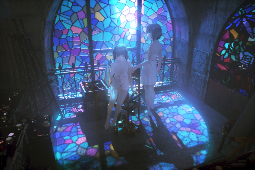 2girls arch black_hair blunt_bangs book bottle box chair commentary dress easel glass glass_bottle highres holding holding_book indoors multiple_girls novelance original purple_eyes railing short_hair siblings sitting spaghetti_strap stained_glass standing twins white_dress