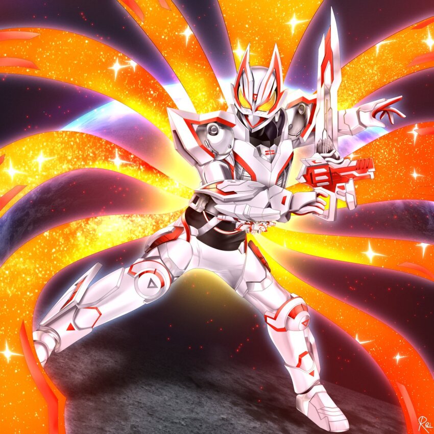 1boy armor bodysuit boost_mark_ix_buckle desire_driver extra_tails finishing_move geats_buster_qb9 gun helmet highres holding holding_sword holding_weapon kamen_rider kamen_rider_geats kamen_rider_geats_(series) kamen_rider_geats_ix looking_at_viewer male_focus mixed-language_commentary reiei_8 signature solo space sword tokusatsu upper_body weapon white_armor white_bodysuit yellow_eyes