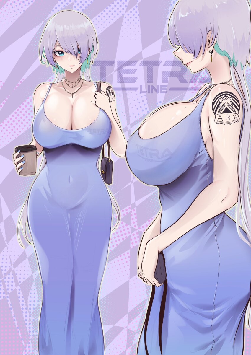 1girl alternate_costume aqua_hair bag bare_shoulders blue_dress blue_eyes breasts brid_(nikke) cleavage closed_mouth clothes_writing collarbone commentary covered_navel cup disposable_coffee_cup disposable_cup dress earrings english_commentary from_side goddess_of_victory:_nikke grey_hair hair_between_eyes hair_over_one_eye highres holding holding_bag holding_cup jewelry large_breasts long_dress long_hair looking_at_viewer low_ponytail mole mole_on_breast multicolored_hair multiple_views necklace ponytail purple_background shoulder_bag shoulder_tattoo sidelocks sleeveless sleeveless_dress smile standing tattoo two-tone_hair vialnite