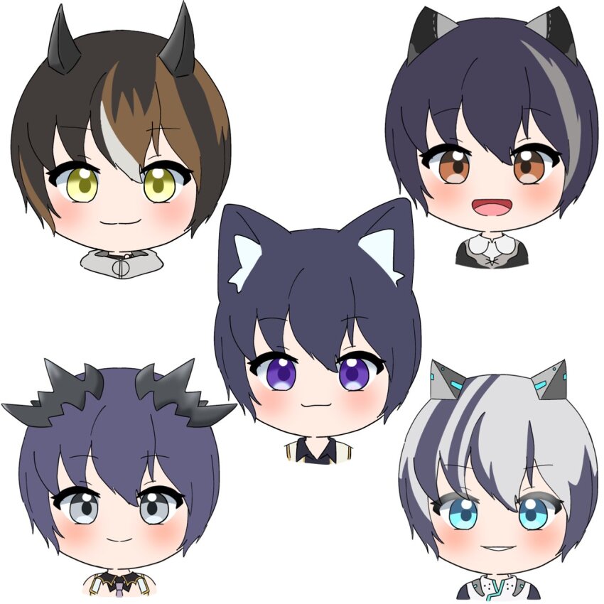 5girls :3 :d animal_ears animare black_hair black_horns black_shirt blue_eyes bluekasumi_v blush brown_eyes brown_hair cat_ears cat_girl closed_mouth commentary ginneko_nanashi grey_hair haineko_nanashi highres hiyoku_no_crosspiece honey_strap horns kuroneko_nanashi looking_at_viewer mechanical_ears mikeneko_nanashi multicolored_hair multiple_girls muraneko_nanashi nanashi_inc. open_mouth portrait purple_eyes purple_hair shirt short_hair simple_background smile streaked_hair sugar_lyric symbol-only_commentary upper_body v_ap_art white_background yellow_eyes