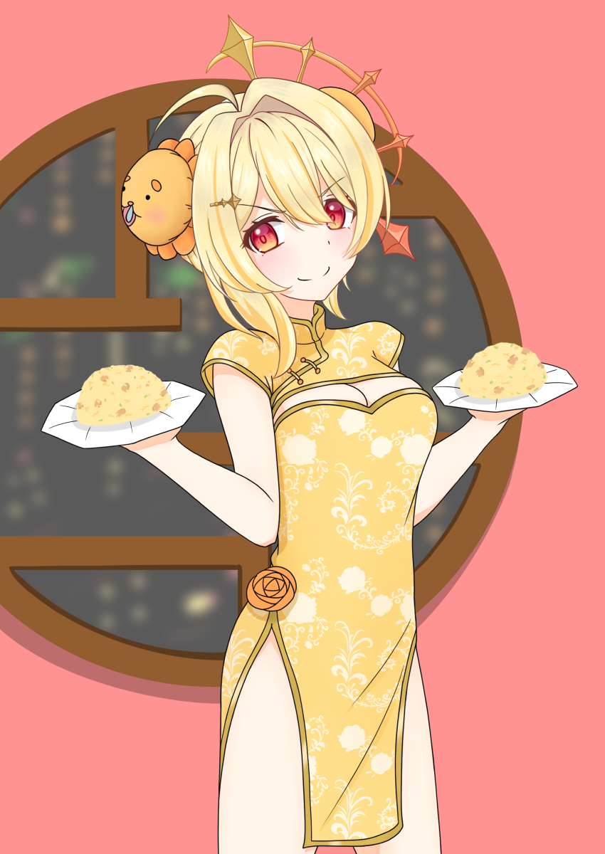 1girl absurdres ahoge alternate_costume blonde_hair blush breasts bun_cover china_dress chinese_clothes cleavage cleavage_cutout closed_mouth clothing_cutout commentary_request cowboy_shot cuore_0624 dress dress_flower flower food fried_rice hair_between_eyes hair_intakes halo highres hinata_mashu large_breasts looking_at_viewer nanashi_inc. orange_eyes orange_flower pink_background round_window short_hair short_sleeves smile solo v-shaped_eyebrows virtual_youtuber window yellow_dress