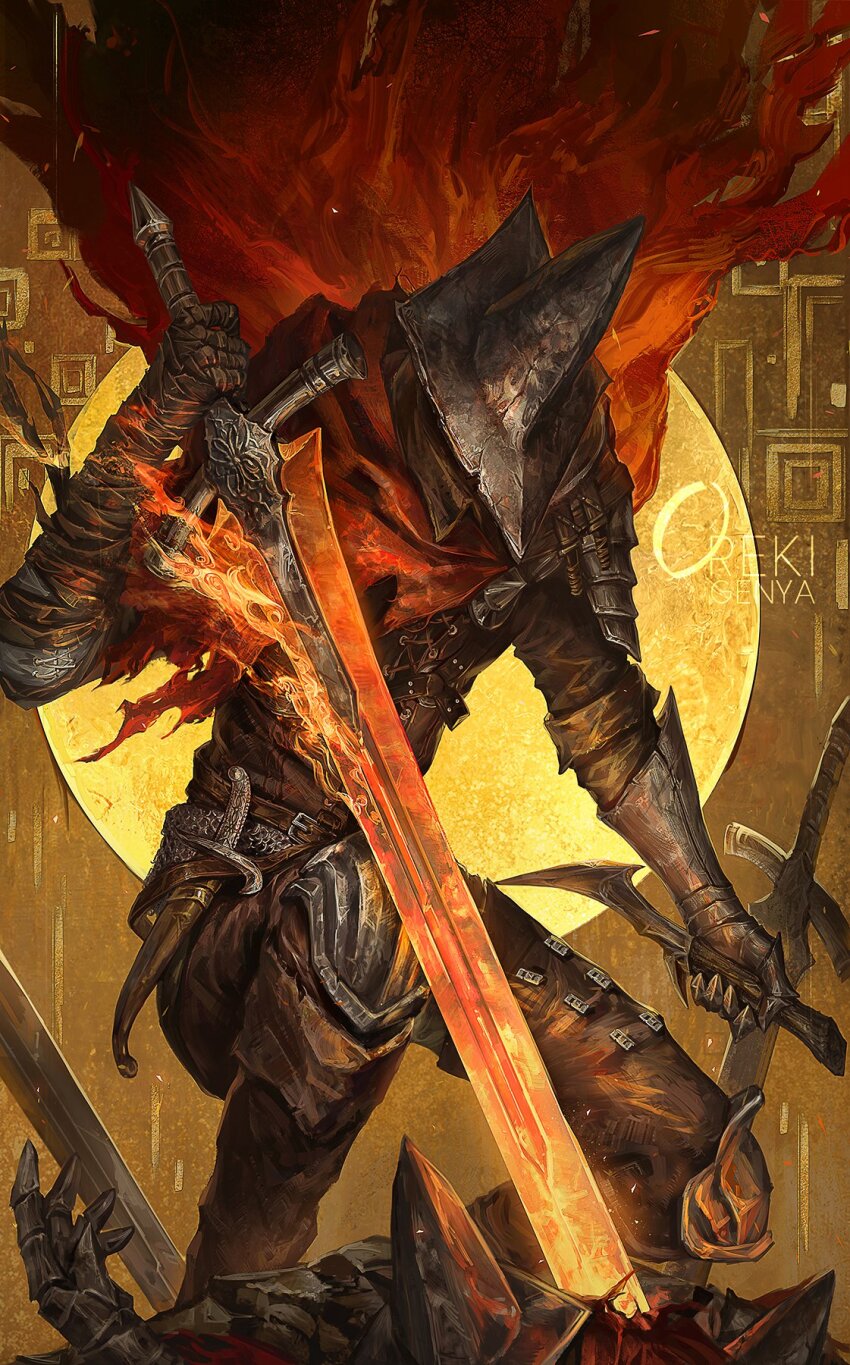 1other abyss_watcher ambiguous_gender artist_name black_gloves black_jacket black_pants boots cape dagger dark_souls_(series) dark_souls_iii fire flaming_sword flaming_weapon gauntlets gloves greatsword hand_up helmet highres holding holding_dagger holding_knife holding_sword holding_weapon jacket knife long_sleeves oreki_genya pants pile_of_corpses red_cape reverse_grip sheath sheathed single_gauntlet sword weapon yellow_background