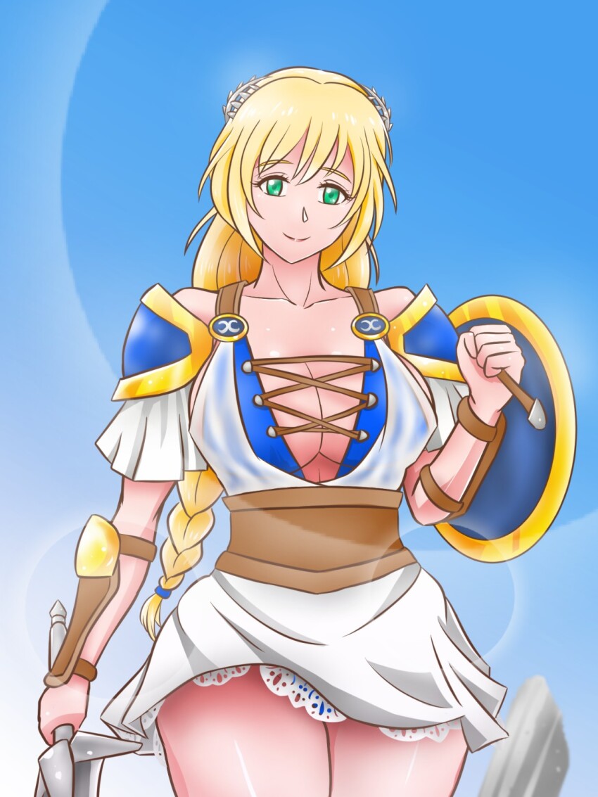 1girl armor blonde_hair breasts cleavage green_eyes highres large_breasts long_hair roy10113a shield shoulder_armor skirt sophitia_alexandra soul_calibur sword thighs weapon
