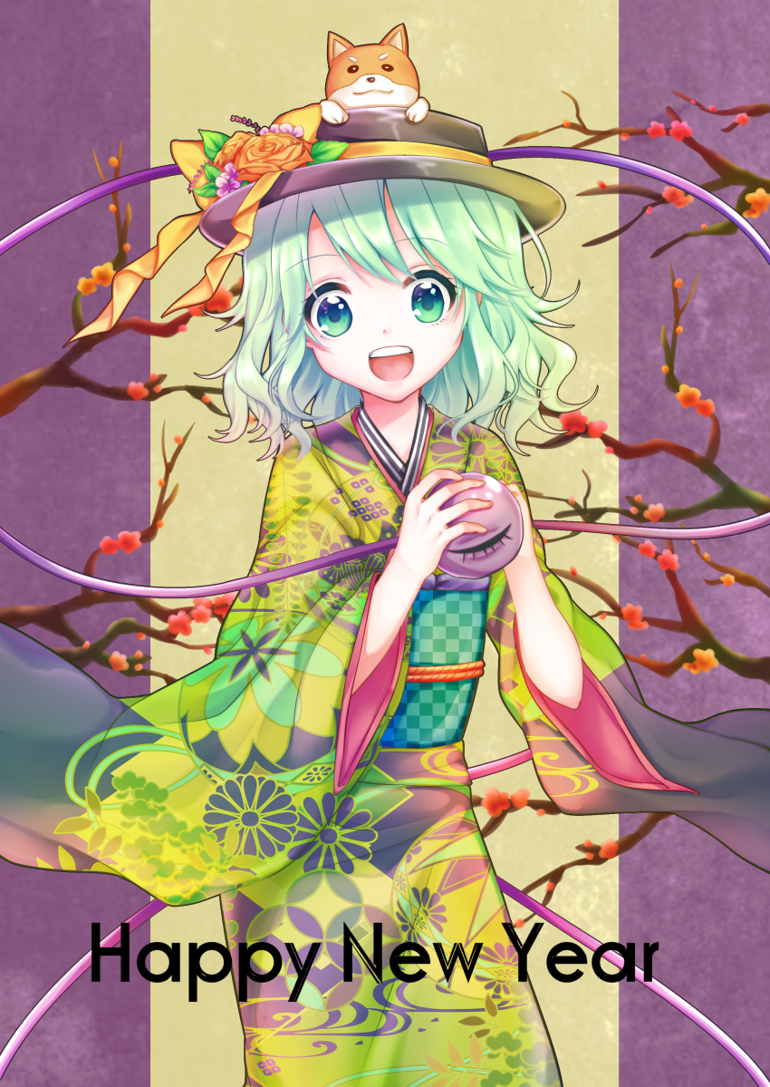 1girl :d absurdres alternate_costume animal animal_on_head black_hat boater_hat checkered_sash cowboy_shot dog english_text eyeball female_focus floral_print flower green_eyes green_hair happy_new_year hat hat_ribbon highres holding japanese_clothes kimono komeiji_koishi long_sleeves looking_at_viewer multicolored_background new_year obi on_head open_mouth plum_blossoms print_kimono ribbon rnkgmn sash short_hair smile solo teeth third_eye touhou two-tone_background unmoving_pattern wavy_hair wide_sleeves