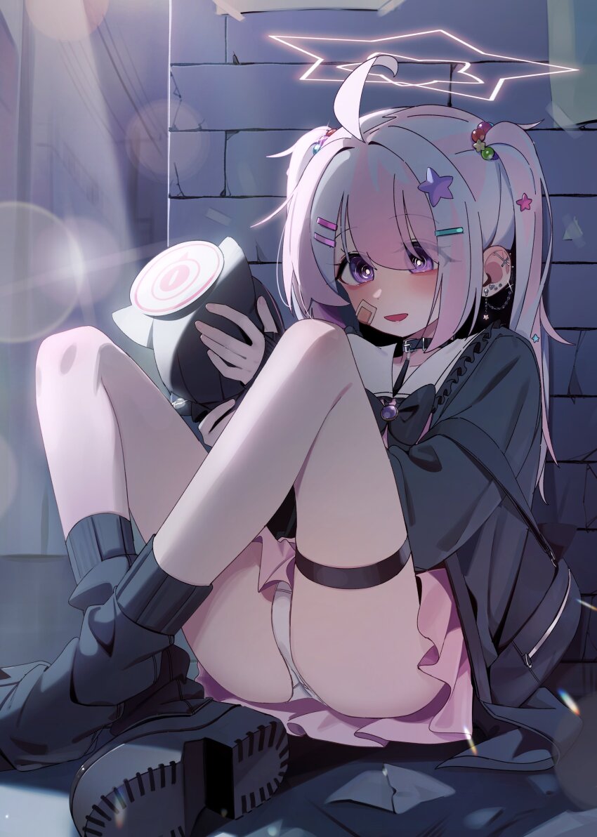1girl absurdres ahoge black_bag black_bow black_bowtie black_socks blue_archive blue_hair bow bowtie character_doll doll ear_piercing full_body hair_ornament halo highres holding holding_doll jirai_kei kazusa_(blue_archive) knees_up long_hair open_mouth panties piercing pink_hair pink_skirt purple_eyes reisa_(blue_archive) sitting skirt smile socks solo star_(symbol) star_hair_ornament star_halo thigh_strap twintails underwear white_panties whonyang