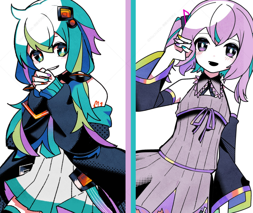 2girls alternate_hairstyle aqua_eyes aqua_hair artist_name bare_shoulders black_jacket black_sleeves bright_pupils collared_dress commentary cosplay detached_sleeves dress flat_chest grin hair_between_eyes hair_ornament hairstyle_switch halftone hand_up hatsune_miku hatsune_miku_(cosplay) highres jacket long_hair long_sleeves looking_at_viewer low_twintails machigami_yoh medium_hair multicolored_hair multicolored_nails multiple_girls nail_polish number_tattoo off_shoulder open_mouth own_hands_together pleated_dress purple_dress purple_eyes purple_hair purple_ribbon rabbit_tattoo ribbon shoulder_tattoo signature simple_background sleeveless sleeveless_dress sleeves_past_wrists smile standing streaked_hair tattoo twintails twitter_username upper_body vocaloid watermark white_background white_dress white_pupils yuzuki_yukari yuzuki_yukari_(cosplay)