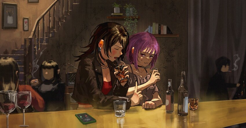 1boy 4girls :3 bang_dream! bang_dream!_it&#039;s_mygo!!!!! black_choker black_jacket bonsachoi bottle cellphone choker cigarette closed_eyes cup drinking_glass earrings grey_shirt highres indoors jacket jewelry multiple_girls open_mouth people phone pink_eyes purple_hair red_shirt shirt short_hair smartphone smoke stairs sweatdrop wine_glass yahata_umiri yuutenji_nyamu