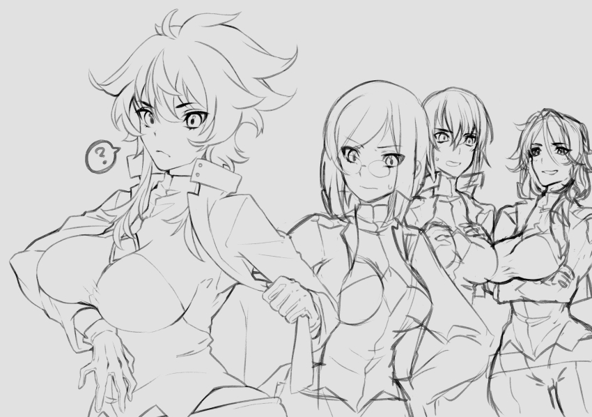 4girls ? allelujah_haptism arm_grab breasts celestial_being_uniform crossed_arms erinashi_kin genderswap genderswap_(mtf) glasses greyscale gundam gundam_00 hair_behind_ear hand_on_own_chest highres jacket large_breasts lockon_stratos looking_down looking_up medium_breasts medium_hair monochrome multiple_girls round_eyewear setsuna_f._seiei sketch smile speech_bubble spoken_question_mark tieira_erde