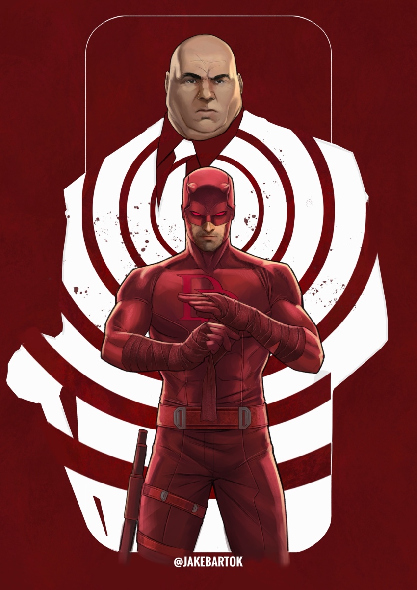 2boys artist_name bald bodysuit daredevil highres jr_bartok looking_at_viewer marvel multiple_boys red_bodysuit superhero_costume wilson_fisk
