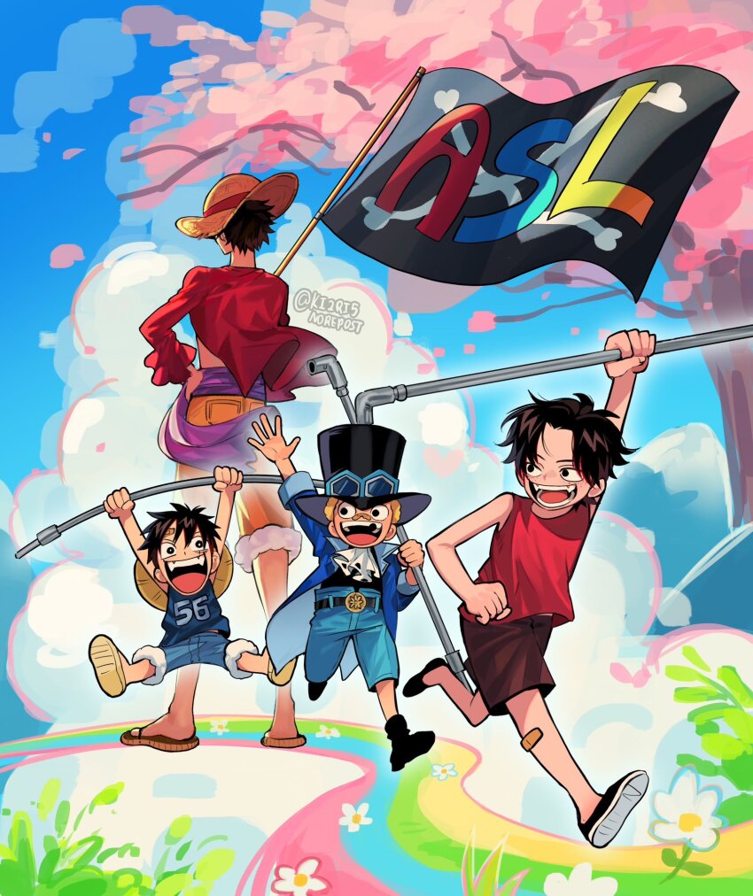 3boys aged_down arm_up arms_up black_hair black_hat blonde_hair blue_jacket blue_shorts blue_sky boots brown_shorts cherry_blossoms child cloud cloudy_sky commentary falling_petals flag flower from_behind fur-trimmed_shorts fur_trim goggles goggles_on_headwear hand_on_own_hip hat highres holding holding_flag holding_lead_pipe jacket ki2ri5 lead_pipe monkey_d._luffy multiple_boys one_piece open_clothes open_jacket open_mouth petals portgas_d._ace purple_sash red_shirt running sabo_(one_piece) sandals sash shirt short_hair shorts sky sleeveless sleeveless_shirt smile standing straw_hat symbol-only_commentary white_flower yellow_shorts