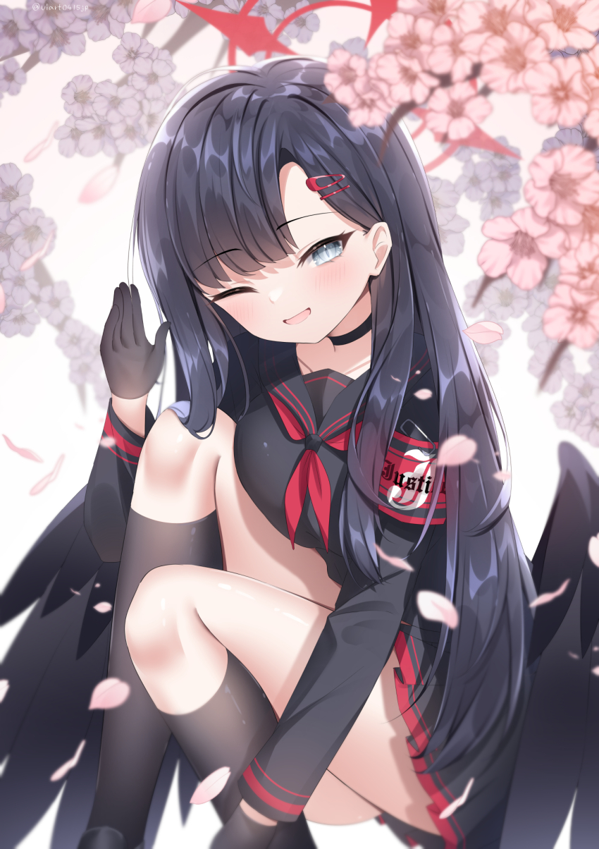 1girl black_eyes black_gloves black_hair blue_archive gloves highres ichika_(blue_archive) looking_at_viewer one_eye_closed sitting smile solo umou_(may65879) wings