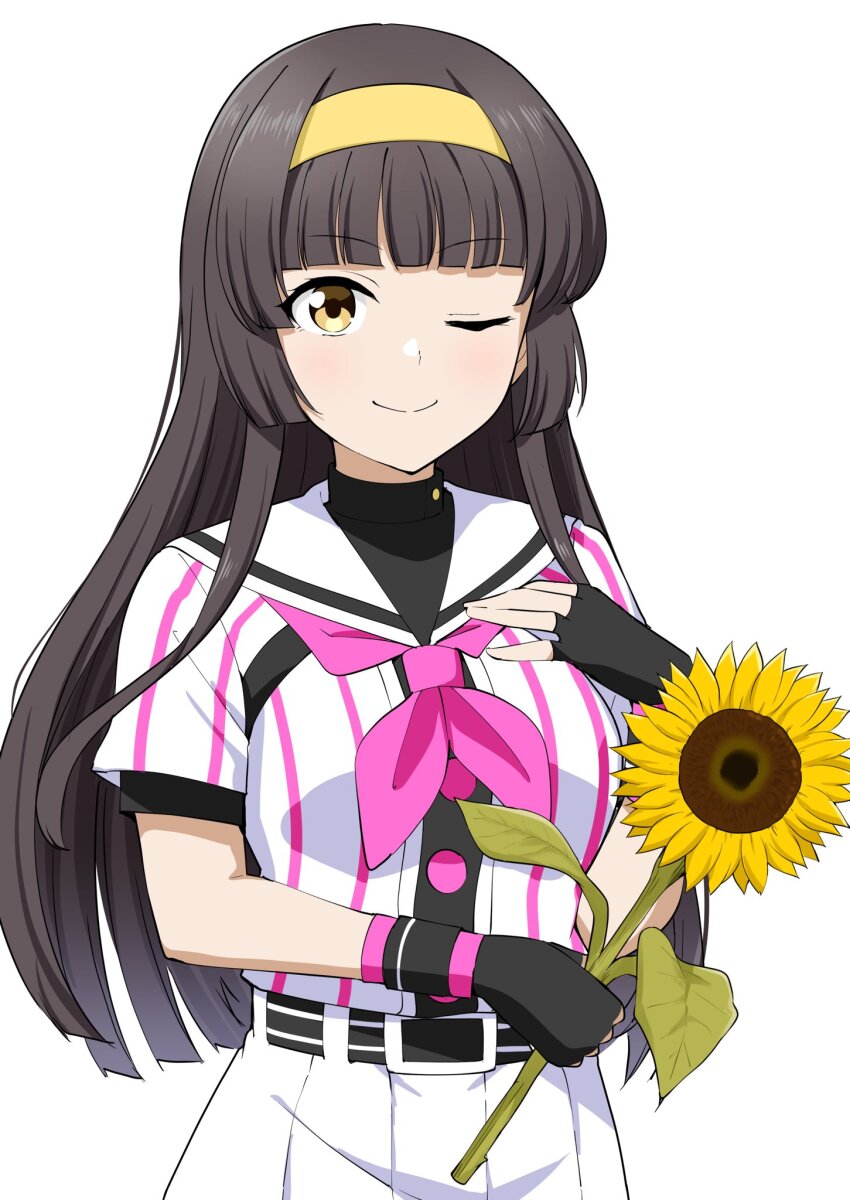 1girl ;) barkhorn0331 baseball_uniform belt belt_buckle black_belt black_gloves black_hair black_undershirt blunt_bangs buckle cinderella_series cowboy_shot fingerless_gloves flower gloves hachigatsu_no_cinderella_nine hairband hand_on_own_chest highres holding holding_flower long_hair looking_at_viewer neckerchief one_eye_closed pink_neckerchief pleated_skirt sailor_collar satogahama_baseball_uniform shirt shirt_under_shirt short_sleeves simple_background skirt smile solo sportswear standing striped_belt striped_clothes striped_shirt sunflower tsukishima_yui_(hachigatsu_no_cinderella_nine) vertical-striped_clothes vertical-striped_shirt white_background white_sailor_collar wristband yellow_eyes yellow_hairband