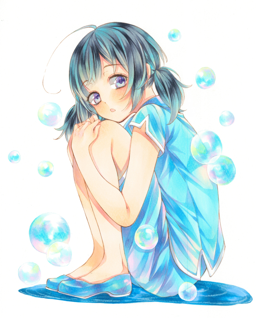 1girl :o ahoge black_hair blue_hair blue_shirt blue_shoes blue_shorts blush bubble commentary_request flats from_side full_body hands_on_own_knees head_tilt highres hugging_own_legs knees_up looking_at_viewer looking_to_the_side low_twintails marker_(medium) medium_hair multicolored_hair nidanmepile no_socks open_mouth original puddle purple_eyes raised_eyebrows shirt shoes short_sleeves shorts sidelocks sideways_glance simple_background sitting solo traditional_media turning_head twintails white_background