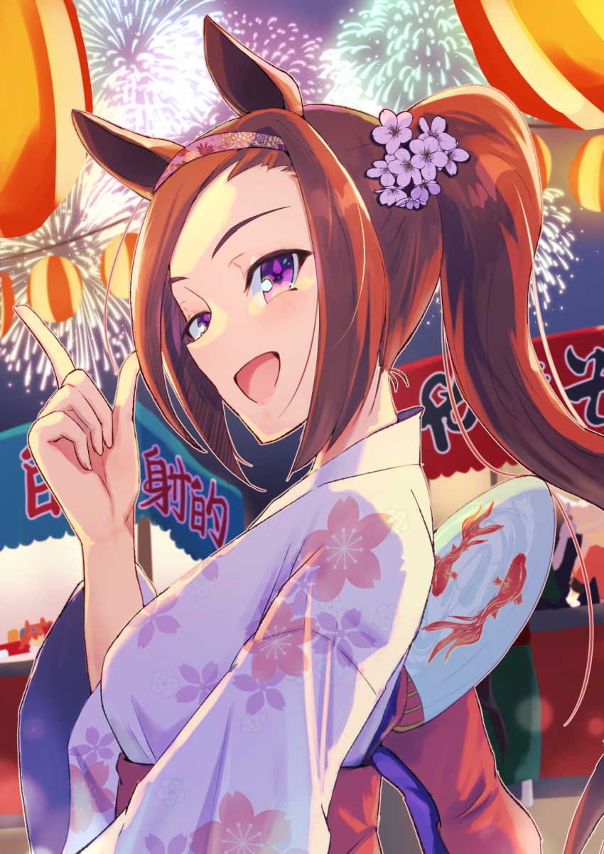1girl aerial_fireworks animal_ears brown_hair fireworks floral_print flower flower_in_eye hair_flower hair_ornament harakomeshi high_ponytail highres horse_ears horse_girl japan japanese_clothes kimono looking_at_viewer outdoors ponytail purple_eyes revision sakura_bakushin_o_(umamusume) smile solo symbol-shaped_pupils symbol_in_eye umamusume wide_sleeves yukata