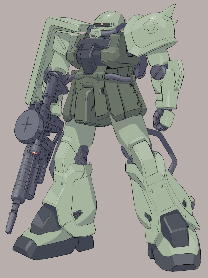 absurdres advance_of_zeta ammunition_box brown_background cable commentary_request gun gundam highres machine_gun machinery mecha mecha_focus mecha_kaku_man mobile_suit no_humans one-eyed robot science_fiction scope shield shoulder_spikes spikes weapon zaku_ii zaku_ii_f2 zeon