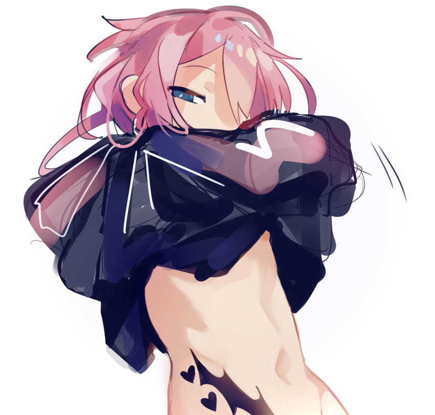 1boy black_hoodie blue_eyes bottomless bright_pupils clothes_lift clothes_pull commentary_request half-closed_eyes heart heart_tattoo highres hip_tattoo hood hood_down hoodie hoodie_lift lifting_own_clothes lifting_hoodie long_sleeves looking_to_the_side lower_body_naked navel original pink_hair raito-kun_(uenomigi) short_hair sidelocks simple_background solo solo_focus tattoo tattoo_on_hip hip_tattoo trap uenomigi undressing upper_body white_background white_hoodie white_pupils