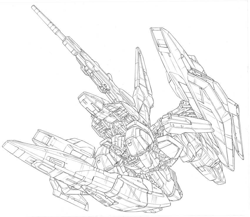 absurdres artist_request beam_rifle commentary_request energy_gun full_body greyscale gundam highres lineart mecha monochrome no_humans robot science_fiction transformation wave_rider weapon white_background zeta_gundam zeta_gundam_(mobile_suit)