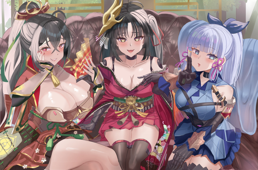 3girls absurdres armor ayaka_(genshin_impact) azur_lane bare_shoulders benz_(rita29) black_hair blue_eyes blue_hair breastplate breasts cleavage commentary commission cosplay costume_switch english_commentary fate/grand_order fate_(series) genshin_impact hand_on_own_cheek hand_on_own_face highres huge_breasts indoors japanese_armor japanese_clothes katou_danzou_(fate) katou_danzou_(fate)_(cosplay) kimono large_breasts long_hair long_sleeves looking_at_viewer mask mask_on_head mechanical_arms multiple_girls red_eyes red_kimono red_ribbon ribbon sitting taihou_(azur_lane) taihou_(azur_lane)_(cosplay) very_long_hair wide_sleeves yellow_eyes