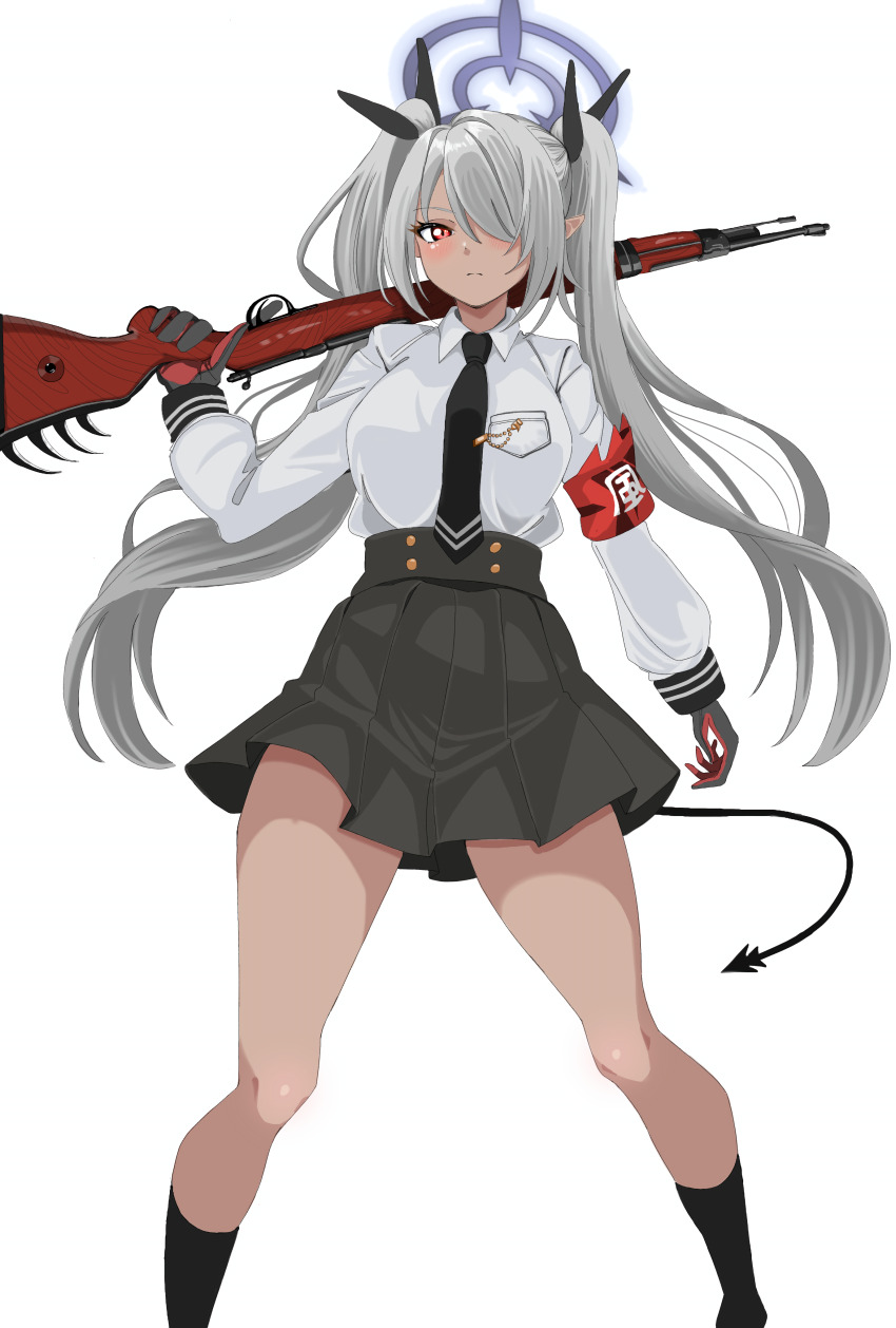 absurdres armband black_gloves black_socks blue_archive breasts commentary dark-skinned_female dark_skin english_commentary gloves grey_hair gun hair_over_one_eye halo highres holding holding_gun holding_weapon iori_(blue_archive) kneehighs large_breasts long_hair looking_at_viewer necktie over_shoulder pleated_skirt pointy_ears red_eyes rightman-sensei school_uniform simple_background skirt socks tail twintails weapon weapon_over_shoulder white_background