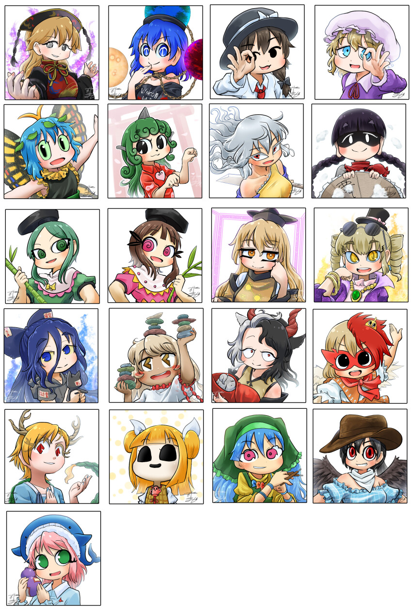 6+girls absurdres animal animal_ears animal_hat animal_on_head animal_print antennae antlers apron aqua_hair arm_ribbon armor armored_dress bamboo bandana bare_shoulders bird bird_on_head bird_wings black_dress black_hair black_shirt black_wings blonde_hair blue_bow blue_eyes blue_hair blue_hat blue_shirt blush bow bracelet braid breasts brown_hair brown_hat butterfly_wings capelet chain chamaji chick chicken chinese_clothes chisel choker cleaver closed_mouth clothes_writing cloud_print coat colored_sclera constellation constellation_print cow_ears cow_girl cow_horns cowboy_hat crescent crescent_print curly_hair detached_sleeves double_bun dragon_girl dragon_horns dragon_tail dress drill_hair earth_(ornament) ebisu_eika energy eternity_larva eyewear_on_head fairy feathered_wings fedora fish_print frilled_hat frilled_shirt frills fur-tipped_tail gold_chain gourd green_apron green_dress green_eyes green_hair green_headscarf green_scales green_sclera green_tail grey_dress grey_hoodie hair_between_eyes hair_bun hair_ornament hair_ribbon haniyasushin_keiki hat hat_bow hat_ribbon headscarf heart heart_print hecatia_lapislazuli hecatia_lapislazuli_(earth) highres holding holding_plant holding_rock hood hoodie horns insect_wings japanese_clothes jewelry joutouguu_mayumi junko_(touhou) kariyushi_shirt kicchou_yachie komainu komainu_ears komano_aunn kurokoma_saki leaf leaf_hair_ornament leaf_on_head long_earlobes long_hair long_sleeves looking_at_viewer magatama magatama_necklace maribel_hearn matara_okina mini_hat mini_top_hat mismatched_animal_ear_colors mob_cap moon_(ornament) multicolored_hair multiple_girls myouga_(plant) nata_(tool) necklace necktie nishida_satono niwatari_kutaka no_headwear off-shoulder_shirt off_shoulder ofuda ofuda_on_clothes okunoda_miyoi on_head open_mouth orange_tabard paw_pose pegasus_wings pendant pink_dress pink_hair plant ponytail puffy_short_sleeves puffy_sleeves purple_coat purple_dress red_capelet red_eyes red_hair red_horns red_shirt red_tabard ribbon rice_hat rock rock_balancing round_eyewear sakata_nemuno shirt short_hair short_hair_with_long_locks short_sleeves simple_background single-shoulder_dress single_braid single_horn single_strap smile snow snow_on_headwear split-color_hair square_neckline stack stacking statue stuffed_animal stuffed_cat stuffed_toy sunglasses t-shirt tabard tail tank_top tate_eboshi teireida_mai tools top_hat touhou turtle_shell twin_braids twin_drills two-tone_hair underworld_(ornament) usami_renko ushizaki_urumi very_long_hair wavy_hair whale whale_hat whale_print white_bandana white_bow white_hair white_ribbon white_shirt wide_sleeves wings wood_carving_tool yatadera_narumi yellow_armor yellow_dress yellow_eyes yellow_horns yellow_tank_top yellow_wings yorigami_jo&#039;on yorigami_shion