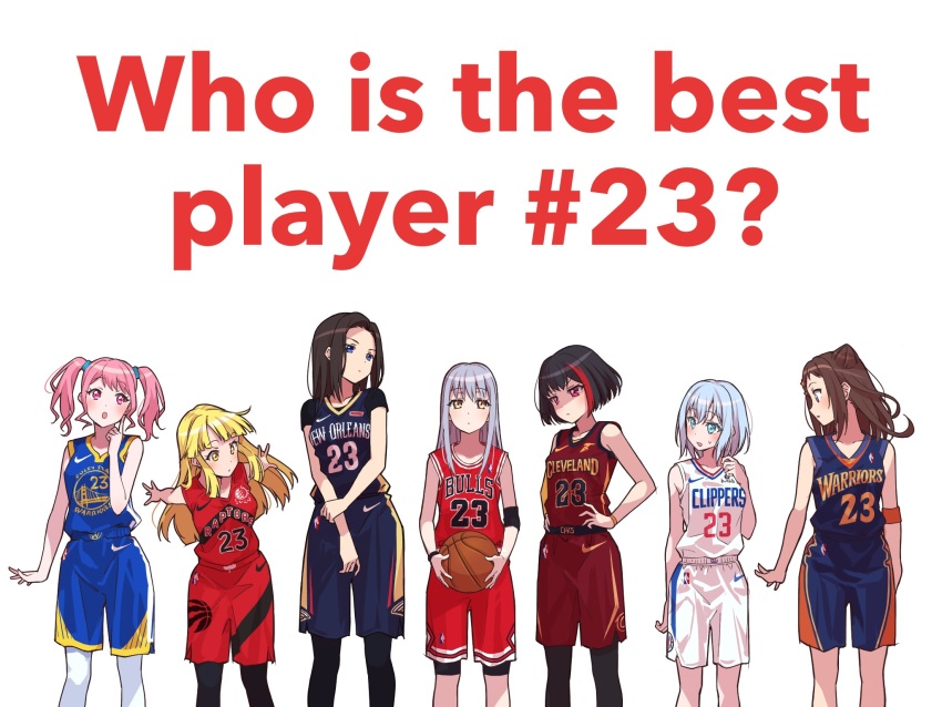 6+girls anthony_davis bang_dream! basketball_uniform black_hair black_leggings black_pantyhose black_shirt black_shorts blonde_hair blue_eyes blue_hair blue_shirt blue_shorts blunt_bangs blunt_ends blush breasts brown_hair chicago_bulls cleveland_cavaliers commentary_request cone_hair_bun copyright_request double_bun draymond_green english_text fred_vanvleet golden_state_warriors grey_hair hair_bun hand_on_own_arm highres jason_richardson kurata_mashiro lebron_james leggings long_hair los_angeles_clippers lou_williams maruyama_aya medium_breasts medium_hair michael_jordan minato_yukina mitake_ran morfonica multicolored_hair multiple_girls national_basketball_association new_orleans_pelicans open_mouth pantyhose pink_eyes pink_hair red_hair red_shirt red_shorts shirt short_hair shorts sleeveless sleeveless_shirt sportswear streaked_hair sweatdrop toronto_raptors toyama_kasumi tsurumaki_kokoro twintails wakana_rei white_pantyhose white_shirt white_shorts yazawa_happyaro yellow_eyes