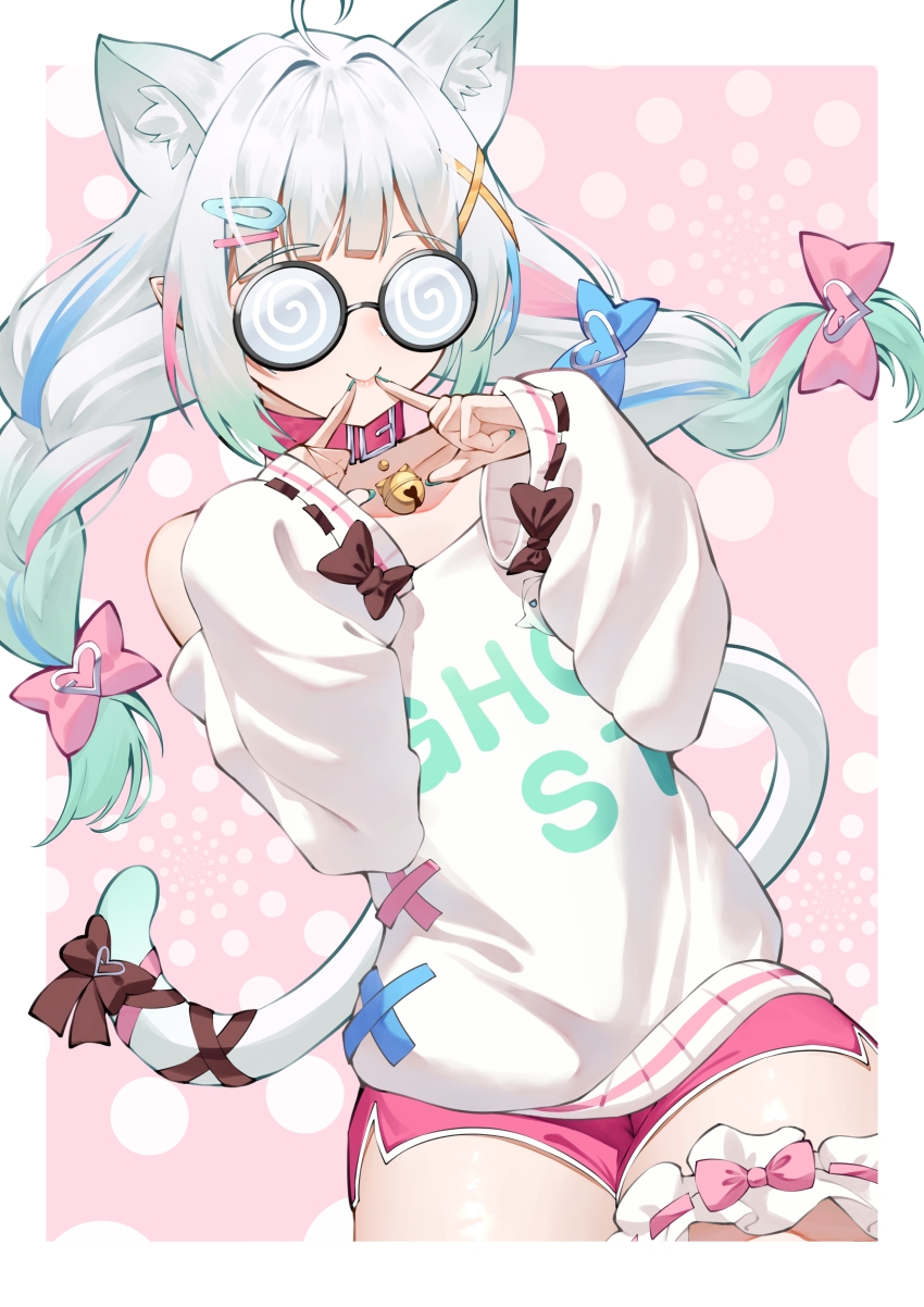 1girl @_@ absurdres ahoge animal_collar animal_ear_fluff animal_ears bell black_bow blue_hair blush border bow braid cat_ears closed_mouth clothes_writing collar glasses green_hair green_nails hair_bow hair_ornament hairclip highres himeliofon indie_virtual_youtuber long_hair mint_fantome multicolored_hair pink_background pink_bow pink_collar pink_hair pink_shorts pointy_ears polka_dot polka_dot_background ribbon round_eyewear short_shorts shorts smile solo streaked_hair sweater tail tail_bow tail_ornament tail_ribbon twin_braids virtual_youtuber white_border white_hair white_sweater
