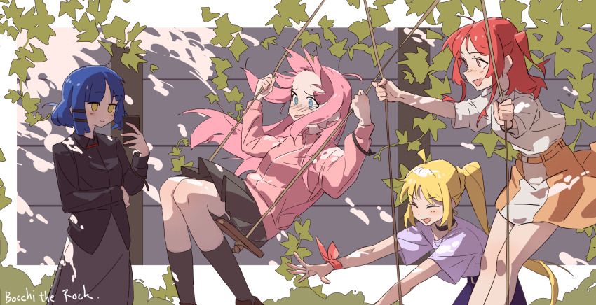 4girls absurdres blonde_hair blue_eyes blue_hair bocchi_the_rock! commentary copyright_name english_commentary glaw gotoh_hitori highres holding holding_phone ijichi_nijika jacket kita_ikuyo long_hair multiple_girls on_swing phone pink_hair pink_jacket ponytail red_hair short_hair swing yamada_ryo