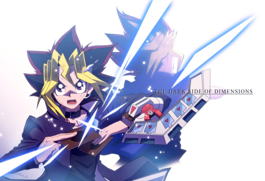 2boys atem back-to-back black_choker black_hair black_shirt blue_jacket card choker colored_bangs drawing_(action) duel_disk colored_bangs english_text facing_away facing_viewer holding holding_card jacket jacket_on_shoulders light_particles male_focus migime2450 multiple_boys muto_yugi open_clothes open_jacket open_mouth popped_collar purple_eyes shirt spiked_hair technology techwear white_background wind yu-gi-oh! yu-gi-oh!_the_dark_side_of_dimensions