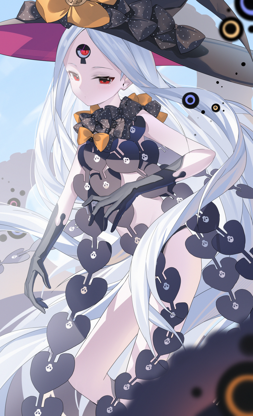 1girl abigail_williams_(fate) abigail_williams_(third_ascension)_(fate) absurdres black_panties blue_sky corruption dark_persona expressionless fate/grand_order fate_(series) flat_chest hat highres keyhole long_hair miyu10366 pale_skin panties possessed possession revealing_clothes sky solo tentacles third_eye underwear very_long_hair witch_hat yog-sothoth