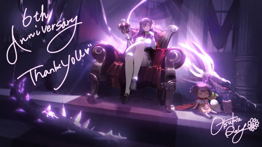 2girls abroccoli absurdres anniversary black_shoes black_skirt breasts cape crossed_legs crown english_text high-waist_skirt highres holding holding_crown indie_virtual_youtuber indoors large_breasts long_hair looking_at_viewer mother_and_daughter multiple_girls orange_skirt otsuka_ray purple_eyes purple_hair red_cape reika_(otsuka_ray) second-party_source shirt shoes signature sitting_on_throne skirt suspender_skirt suspenders thighhighs throne virtual_youtuber white_shirt white_thighhighs