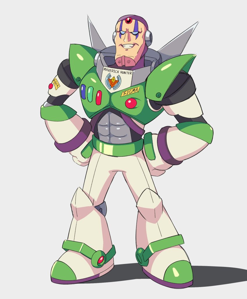 1boy armor buzz_lightyear facial_mark forehead_jewel full_body green_armor highres male_focus mega_man_(series) mega_man_x_(series) no_eyebrows sigma_(mega_man) simple_background smirk solo surrealmason toy_story white_background