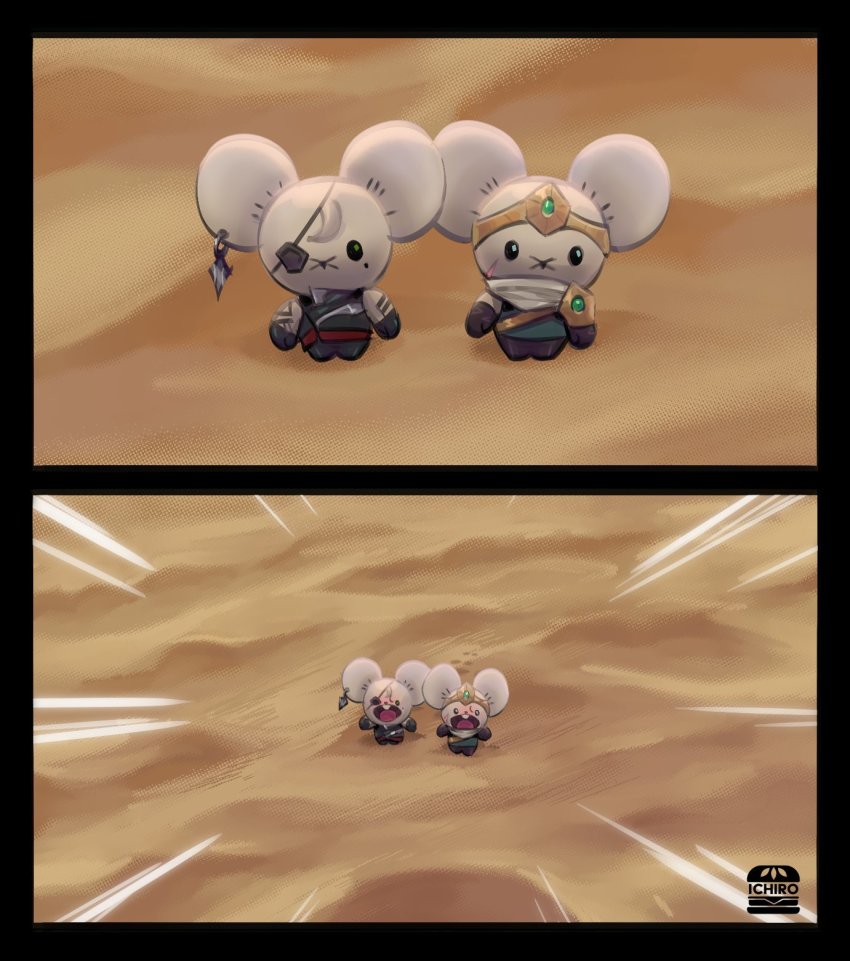 2koma andrea_salonga animal black_border black_eyes black_pants border clothed_pokemon comic cosplay desert earrings eyepatch full_body highres jewelry league_of_legends mole mole_under_eye mouse_(animal) nintendo outdoors pants pokemon samira samira_(cosplay) sand sivir sivir_(cosplay) standing tandemaus