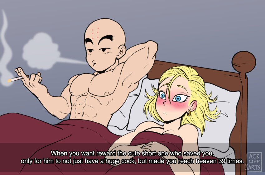 1boy 1girl abs absurdres acelewdarts aftersex android_18 bald bald_male bed blonde_hair blue_eyes blush breasts cleavage couple dragon_ball embarrassed english_text highres husband_and_wife kuririn muscular muscular_male nipples pectorals smoking