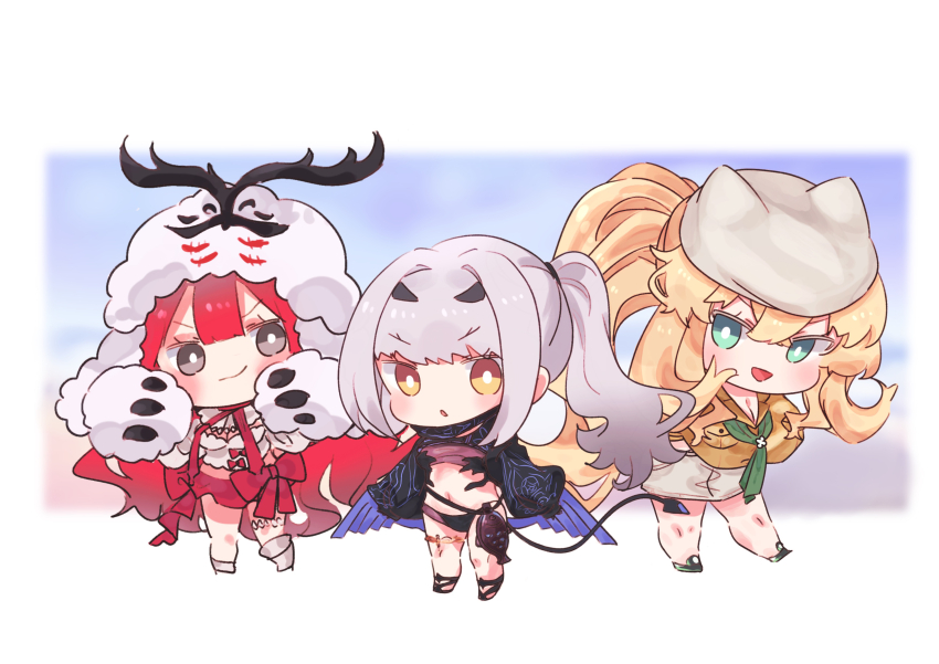 3girls absurdres ascot baobhan_sith_(fate) baobhan_sith_(swimsuit_pretender)_(fate) baobhan_sith_(swimsuit_pretender)_(first_ascension)_(fate) barghest_(fate) barghest_(swimsuit_archer)_(fate) barghest_(swimsuit_archer)_(first_ascension)_(fate) bikini black_bikini black_jacket blonde_hair blush breasts brown_shirt cernunnos_(fate) character_hood chibi cleavage cropped_jacket fate/grand_order fate_(series) full_body green_ascot green_eyes grey_eyes headwear_with_attached_mittens highres jacket long_hair looking_at_viewer low_wings melusine_(fate) melusine_(swimsuit_ruler)_(fate) melusine_(swimsuit_ruler)_(first_ascension)_(fate) multiple_girls navel open_mouth pink_hair ponytail red_skirt shigure_(ffrh7824) shirt shorts sidelocks skirt smile swimsuit tail white_hair white_shorts wings yellow_eyes