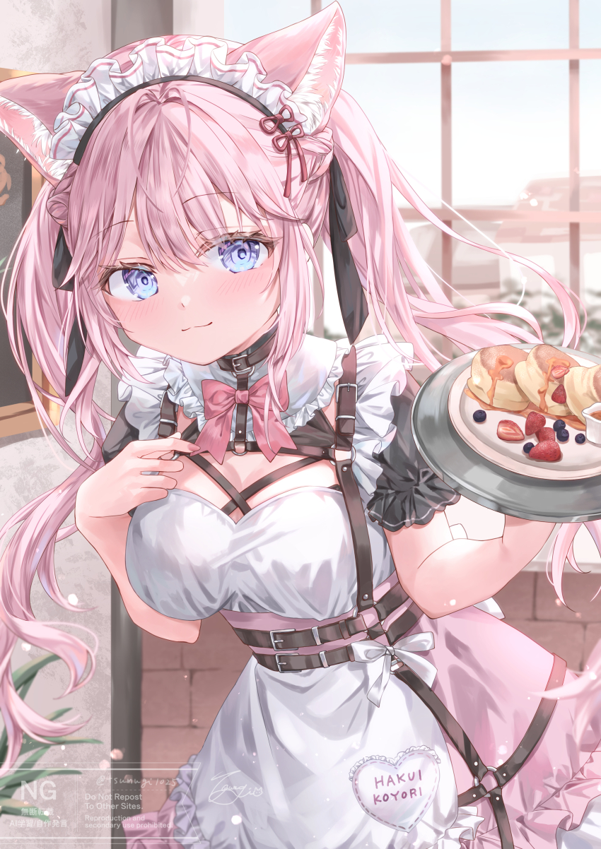 1girl absurdres animal_ears blush bow bowtie breasts cleavage closed_mouth day dress hakui_koyori hakui_koyori_(dark_maid) highres holding holding_tray hololive indoors large_breasts long_hair looking_at_viewer maid maid_headdress pink_bow pink_bowtie pink_dress pink_hair purple_eyes short_sleeves smile solo tray tsumugi-t virtual_youtuber window wolf_ears wolf_girl