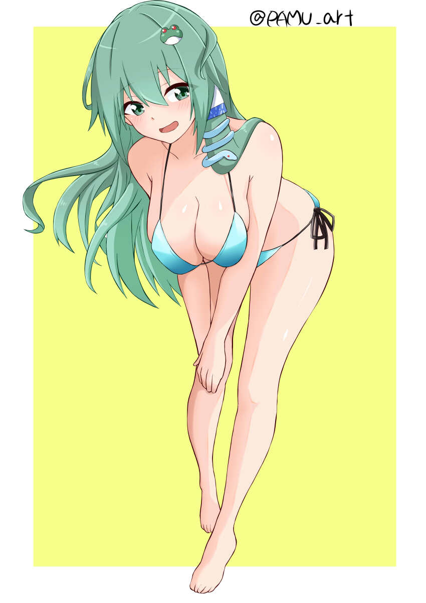 1girl absurdres aqua_bikini bare_arms bare_legs barefoot bent_over bikini blush border breasts cleavage collarbone frog_hair_ornament full_body green_eyes green_hair hair_between_eyes hair_ornament hair_tubes highres kochiya_sanae large_breasts leaning_forward long_hair open_mouth pamu_art side-tie_bikini_bottom sidelocks simple_background smile snake_hair_ornament solo swimsuit toes touhou white_border yellow_background
