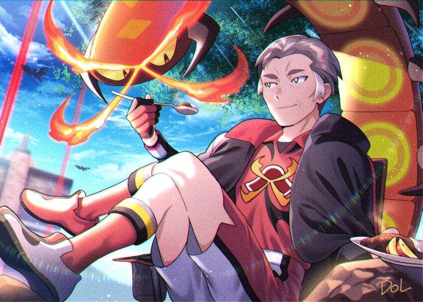 1boy apple apple_slice black_jacket blue_sky centiskorch curry curry_rice dolustoy eating food fruit gen_8_pokemon gloves grey_hair highres holding holding_spoon jacket kabu_(pokemon) kneehighs male_focus multicolored_footwear multicolored_hair nintendo pokemon pokemon_(creature) pokemon_swsh red_shirt red_socks rice shirt shorts sitting sky socks spoon sportswear tree white_hair