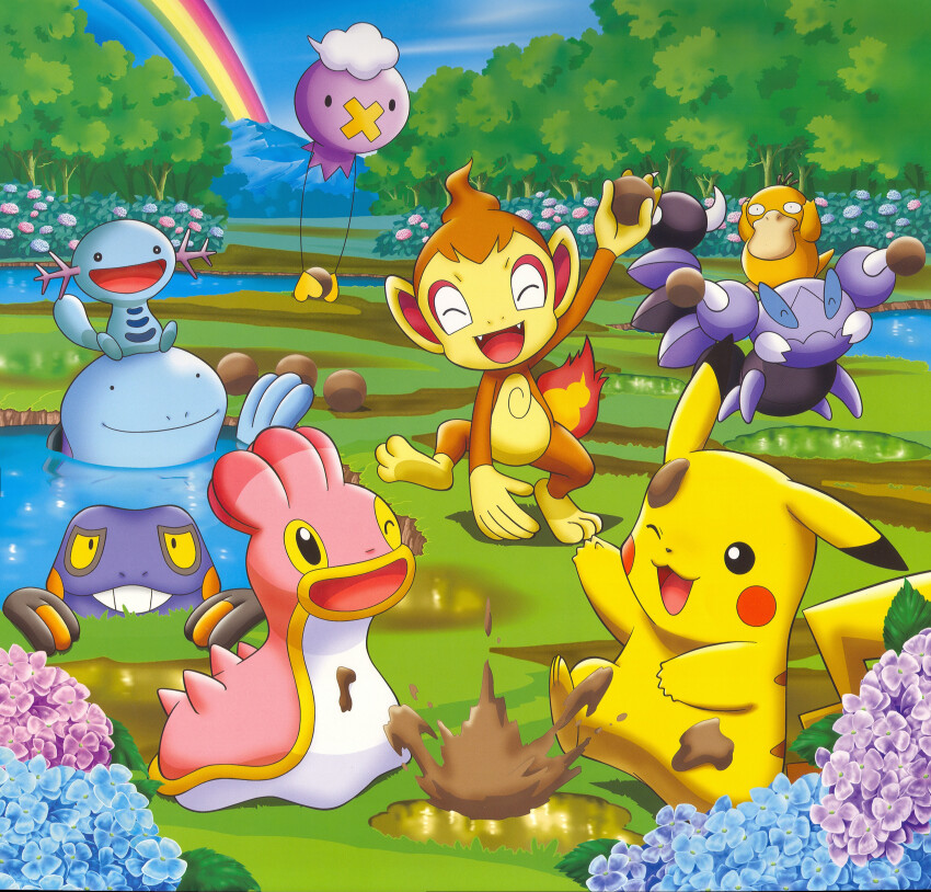 :d absurdres arm_up artist_request blue_sky chimchar closed_mouth croagunk day drifloon fangs fire flower game_freak gen_1_pokemon gen_2_pokemon gen_4_pokemon grass hands_on_own_head highres holding hydrangea mud nature nintendo no_humans official_art one_eye_closed open_mouth outdoors pikachu pokemon pokemon_(creature) pokemon_focus psyduck quagsire rainbow scan shellos skorupi sky smile teeth third-party_source tree water wooper