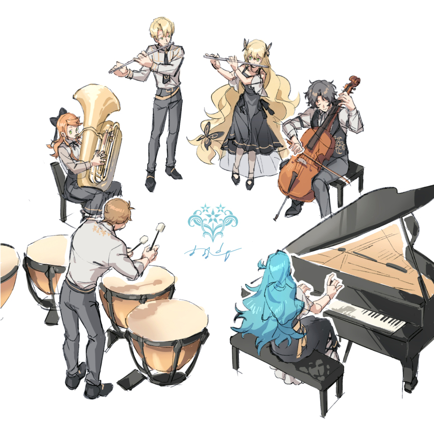 3boys 3girls alfred_(fire_emblem) black_hair blonde_hair blue_hair boucheron_(fire_emblem) celine_(fire_emblem) cello chloe_(fire_emblem) closed_eyes dress drum etie_(fire_emblem) fire_emblem fire_emblem_engage flute green_eyes hahahashagi hair_ornament hair_ribbon highres instrument long_hair louis_(fire_emblem) multiple_boys multiple_girls music necktie nintendo orange_hair piano playing_flute playing_instrument playing_piano ribbon shirt short_hair sitting standing transverse_flute tuba very_long_hair white_background