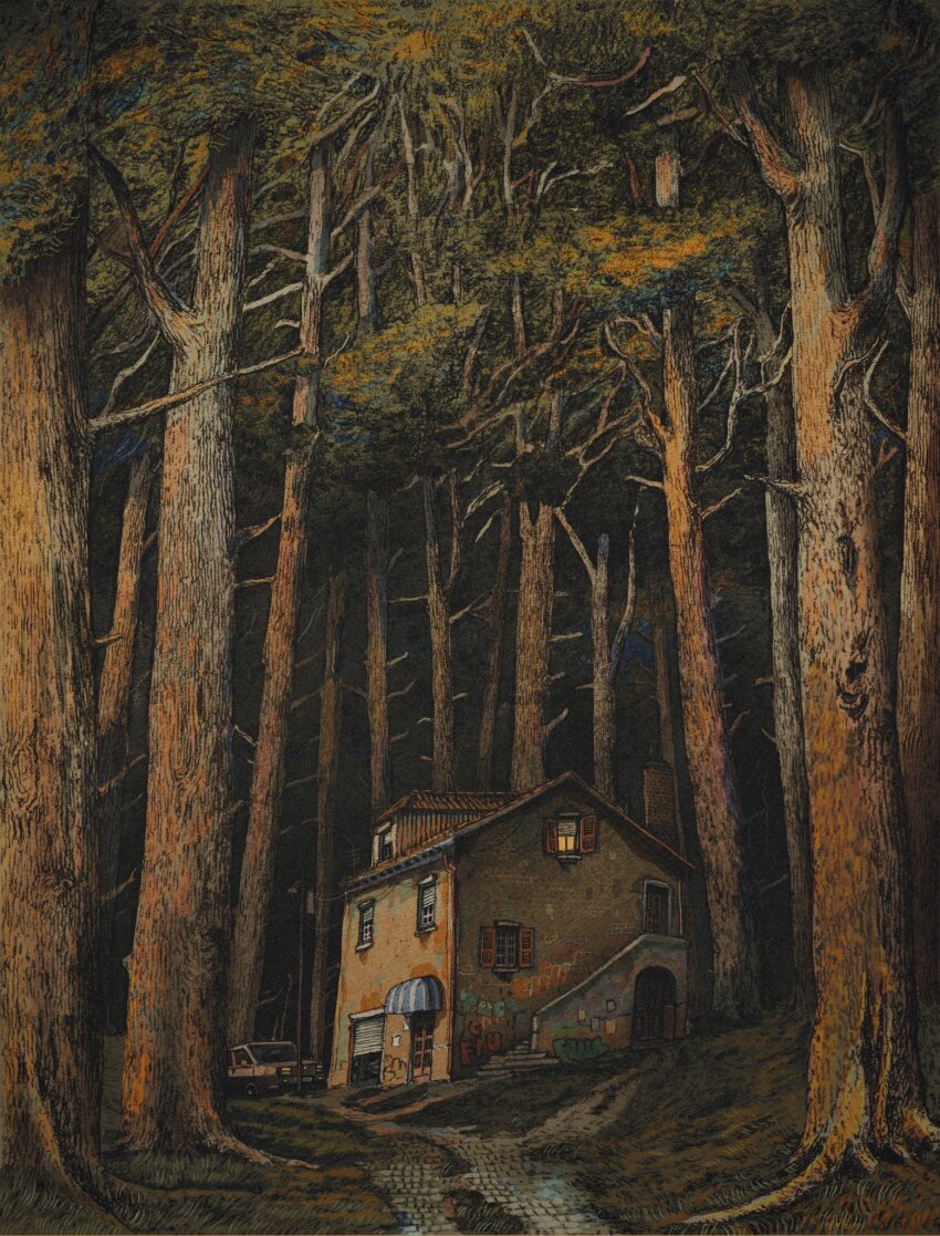 awning branch car forest francisco_fonseca garage graffiti highres house lamppost motor_vehicle nature no_humans original pavement power_lines stairs tree window