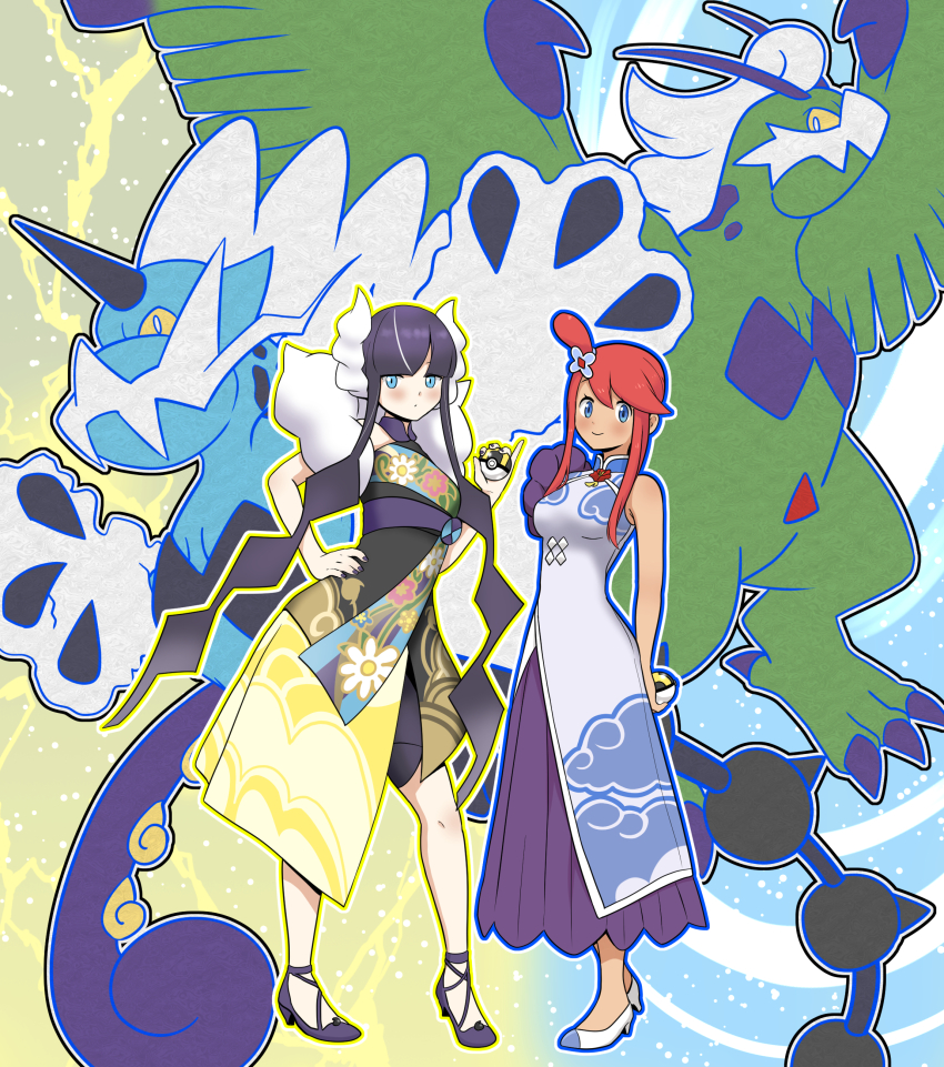 2girls absurdres black_hair blue_dress blue_eyes blue_outline claws colored_sclera dress electricity elesa_(pokemon) elesa_(sygna_suit)_(alt.)_(pokemon) gen_5_pokemon high_heels highres holding holding_poke_ball legendary_pokemon looking_at_viewer multiple_girls nintendo noto-kanna official_alternate_costume outline poke_ball pokemon pokemon_(creature) pokemon_masters_ex red_hair skyla_(anniversary_2022)_(pokemon) skyla_(pokemon) standing thundurus thundurus_(therian) tornadus tornadus_(therian) ultra_ball yellow_sclera
