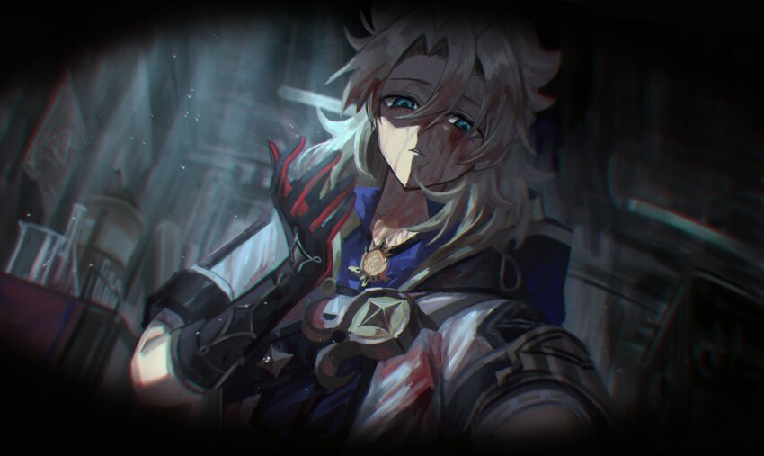 1boy absurdres albedo_(genshin_impact) beaker black_gloves blonde_hair blood blood_in_hair blood_on_clothes blood_on_face blue_eyes blue_shirt coat collared_shirt commentary erlenmeyer_flask flask genshin_impact gloves hair_between_eyes hand_up highres hood hood_down hooded_coat indoors light_particles looking_at_viewer male_focus march_rly medium_hair open_clothes open_coat parted_bangs parted_lips pov red_gloves shirt short_sleeves solo symbol-only_commentary table two-tone_gloves upper_body vignetting vision_(genshin_impact) white_coat