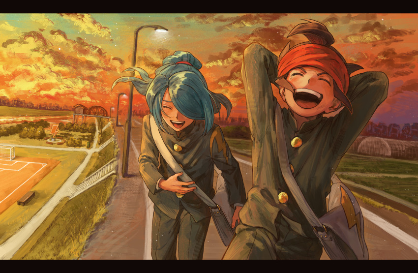 2boys absurdres arms_behind_head arms_up bag black_border blue_hair border brown_hair closed_eyes cloud cloudy_sky commentary_request dusk endou_mamoru faux_traditional_media gakuran goal grass hand_on_own_stomach happy headband high_ponytail highres inazuma_eleven_(series) kazemaru_ichirouta lamppost laughing leaning_forward letterboxed long_hair male_focus multiple_boys open_mouth orange_headband outdoors ponytail raimon raimon_school_uniform ramen11 river riverbank road school_bag school_uniform short_hair shoulder_bag sidewalk sky smile soccer_field teeth tongue upper_teeth_only walking