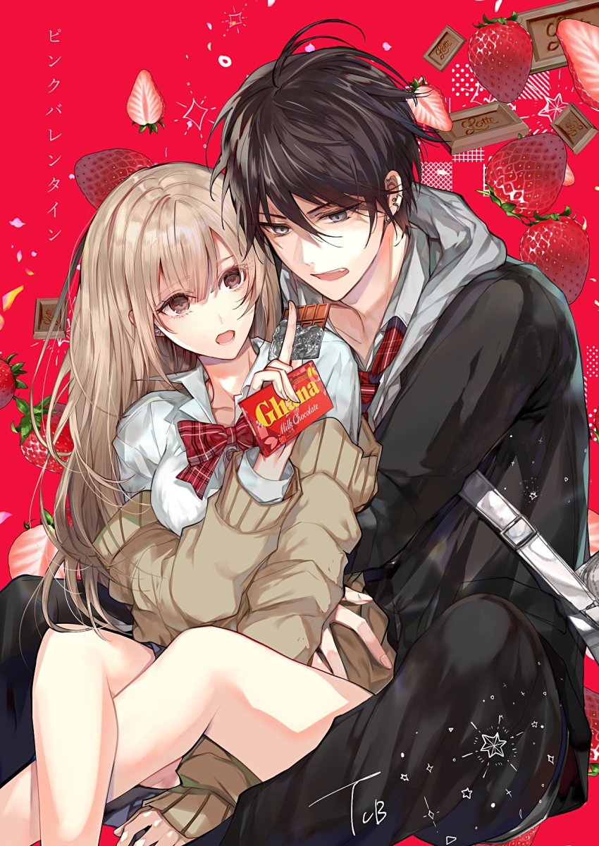 1boy 1girl black_hair bow bowtie brown_eyes cardigan chocolate collared_shirt ear_piercing food fruit hair_between_eyes hetero highres holding holding_chocolate holding_food light_brown_hair long_hair long_sleeves lotte_(company) open_mouth piercing pink_valentine red_background shirt short_hair strawberry tcb valentine